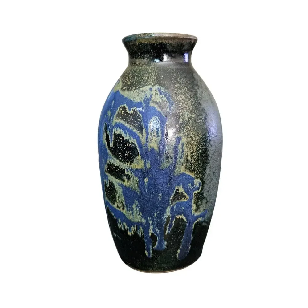 Vintage Studio Art Pottery Drip Glaze Blue Black Stoneware Vase 6in Signed